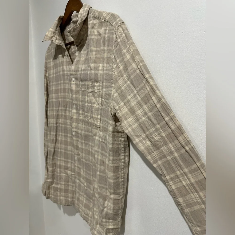 H&M Linen Cotton Blend Beige Plaid Button Down Size M - Picture 3 of 5